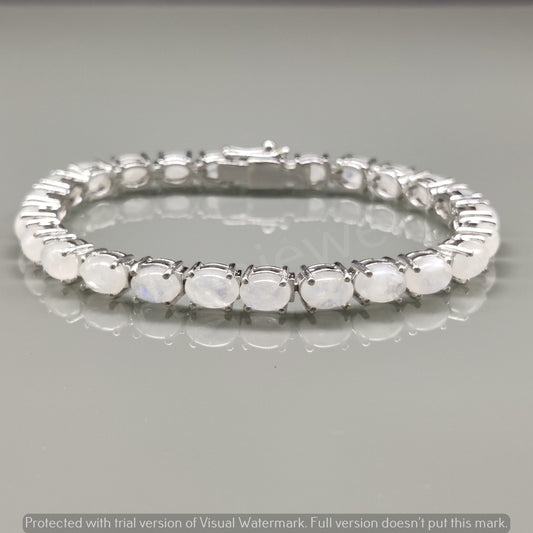 Oval Rainbow Moonstone Sterling Silver Tennis Bracelet, Blue Fire Gemstone