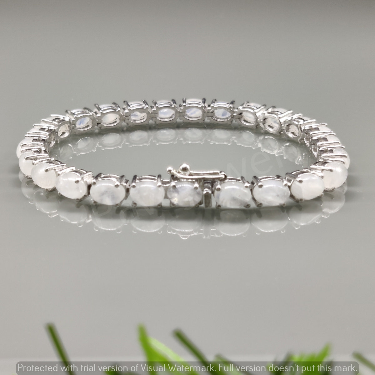 Oval Rainbow Moonstone Sterling Silver Tennis Bracelet, Blue Fire Gemstone