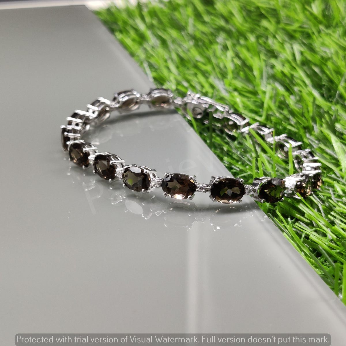 Oval Faceted Smoky Quartz Sterling Silver Bracelet, Tennis Style Jewelry