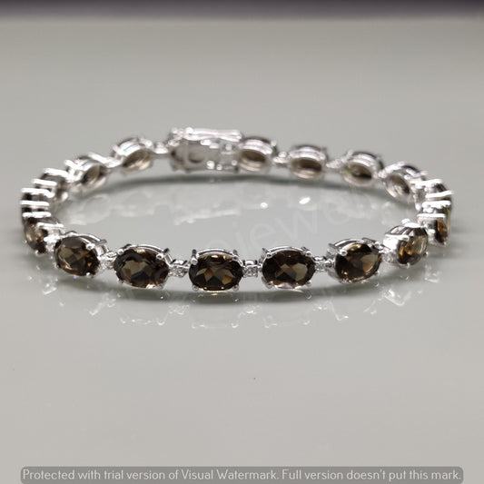 Oval Faceted Smoky Quartz Sterling Silver Bracelet, Tennis Style Jewelry