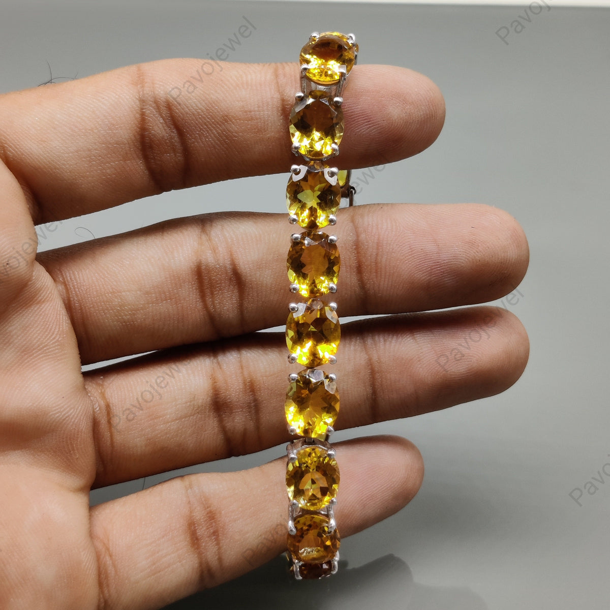 Natural Citrine Oval Faceted Gemstone Tennis Bracelet, 925 Sterling Silver
