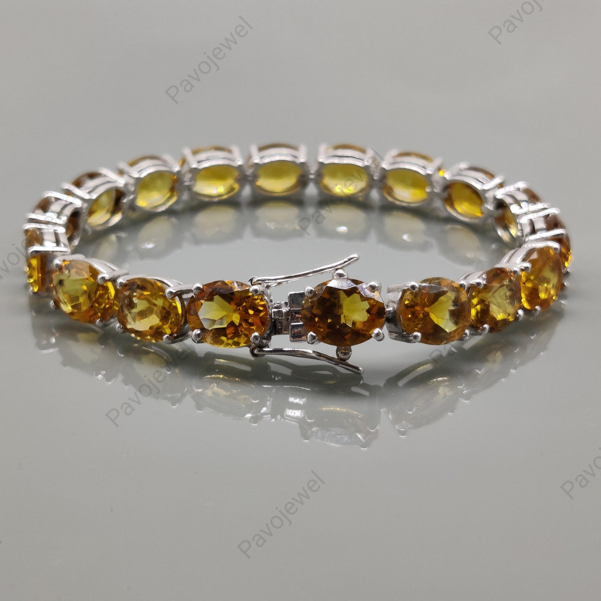 Natural Citrine Oval Faceted Gemstone Tennis Bracelet, 925 Sterling Silver