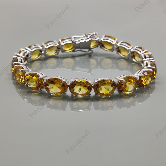 Natural Citrine Oval Faceted Gemstone Tennis Bracelet, 925 Sterling Silver