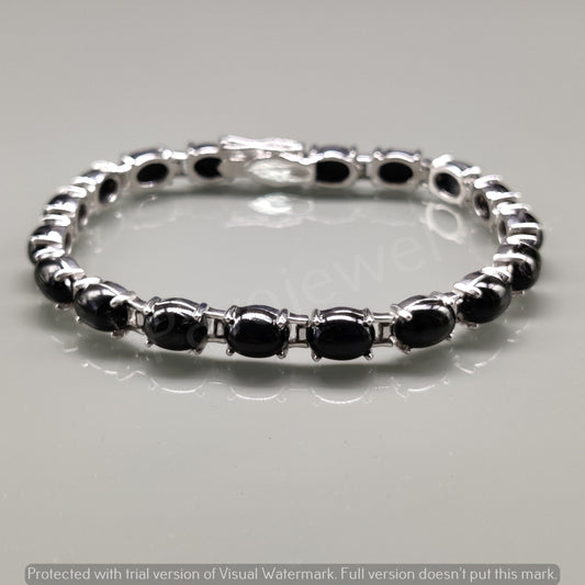 Natural Black Star Smooth Oval Cabochon Gemstone Bracelet, 925 Sterling Silver, Tennis Bracelet, Black Star Bracelet, Anniversary Gifts