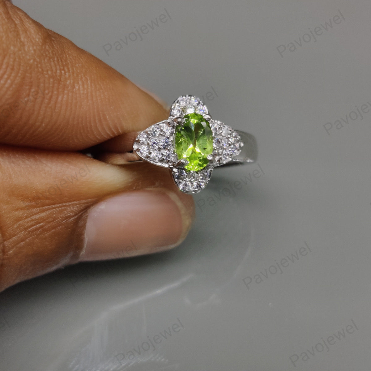 Peridot & Cubic Zircon Ring, 925 Sterling Silver, August Birthstone, Handmade Jewelry