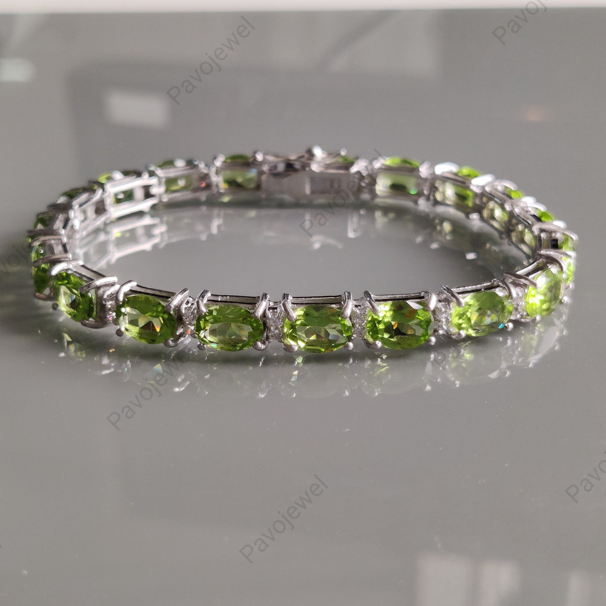 Natural Peridot Oval Faceted Gemstone Bracelet, Sterling Silver, Green Peridot Jewelry