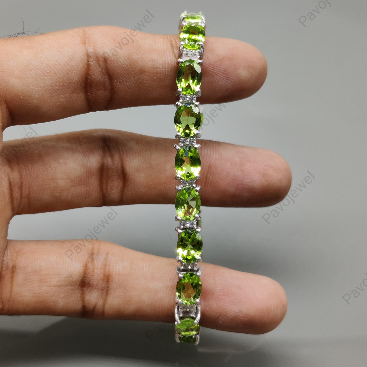 Natural Peridot Oval Faceted Gemstone Bracelet, Sterling Silver, Green Peridot Jewelry