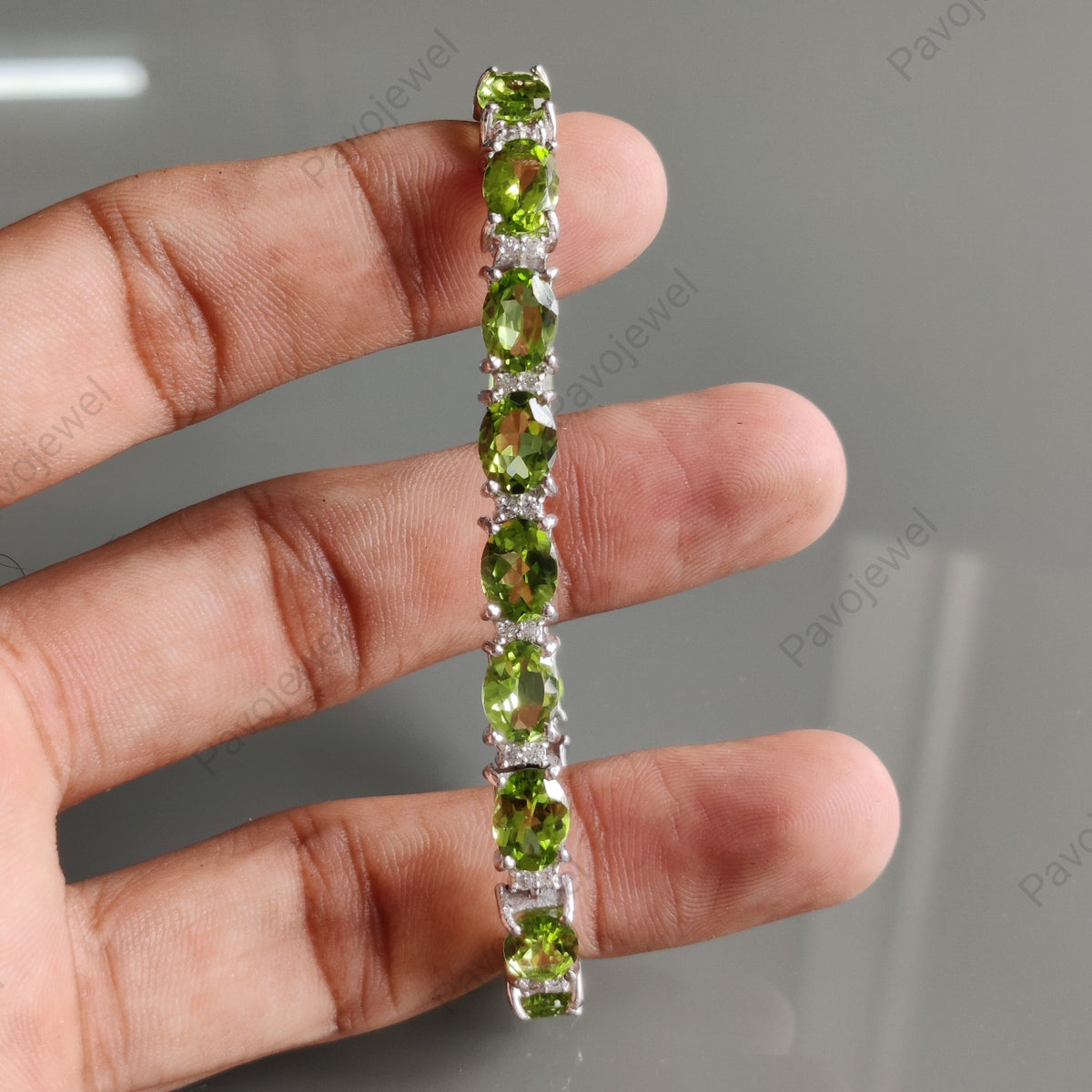 Natural Peridot Oval Faceted Gemstone Bracelet, Sterling Silver, Green Peridot Jewelry