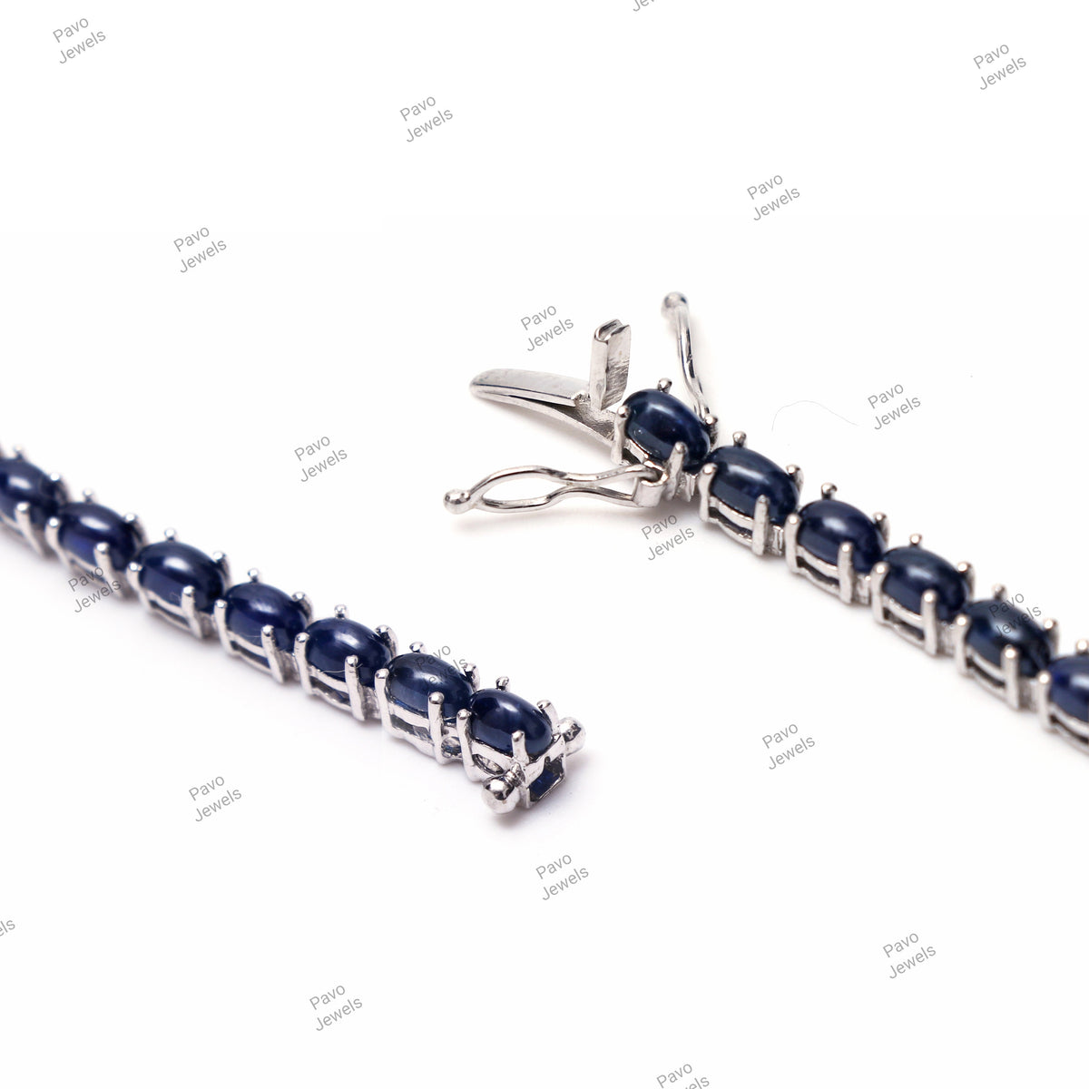 Blue Sapphire Oval Cabochon Tennis Bracelet, 925 Sterling Silver