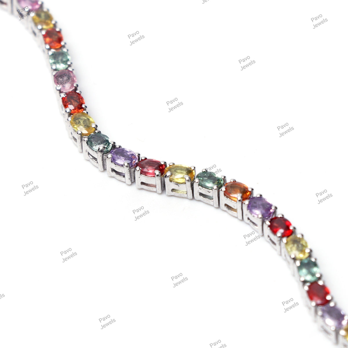 Multi Sapphire Oval Cut Tennis Bracelet, 925 Sterling Silver, Multi Color Gemstone Jewelry