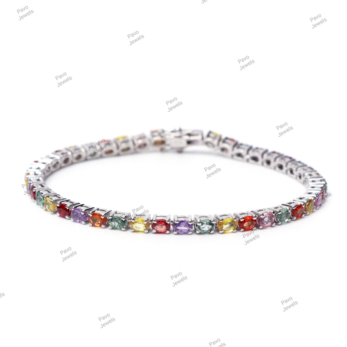 Multi Sapphire Oval Cut Tennis Bracelet, 925 Sterling Silver, Multi Color Gemstone Jewelry
