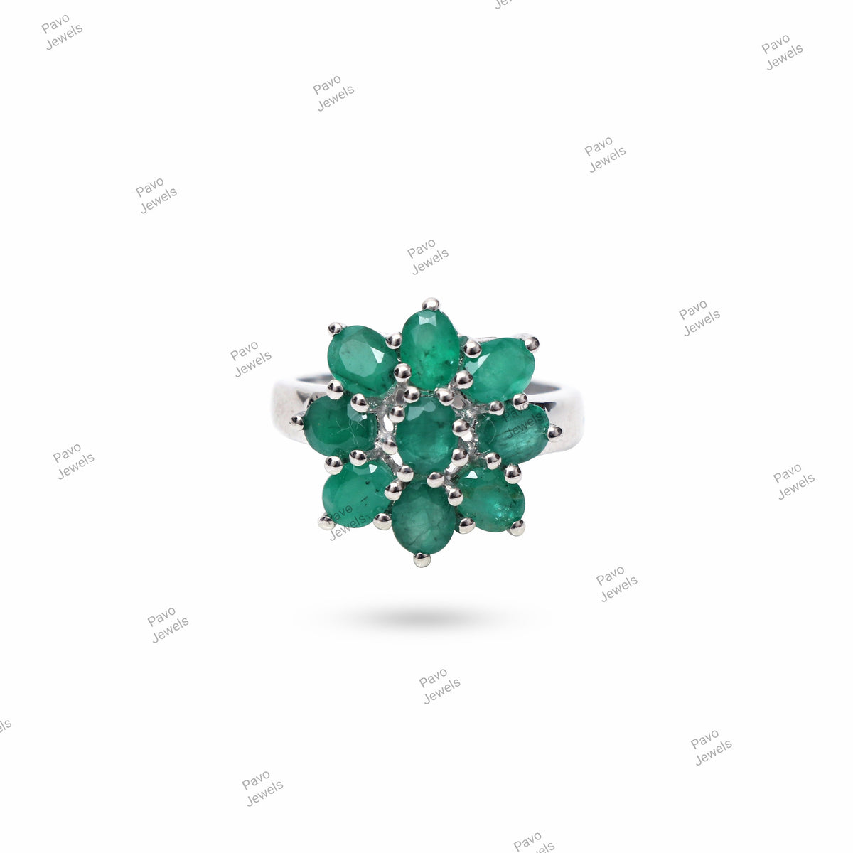 Natural Emerald Ring , 925 Sterling Silver, Green Flower Engagement , Emerald Jewelry