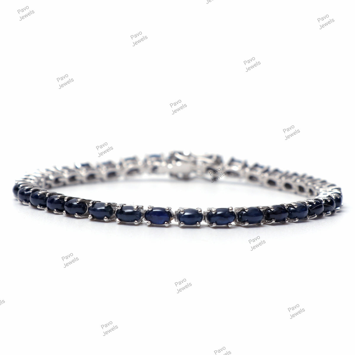 Blue Sapphire Oval Cabochon Tennis Bracelet, 925 Sterling Silver