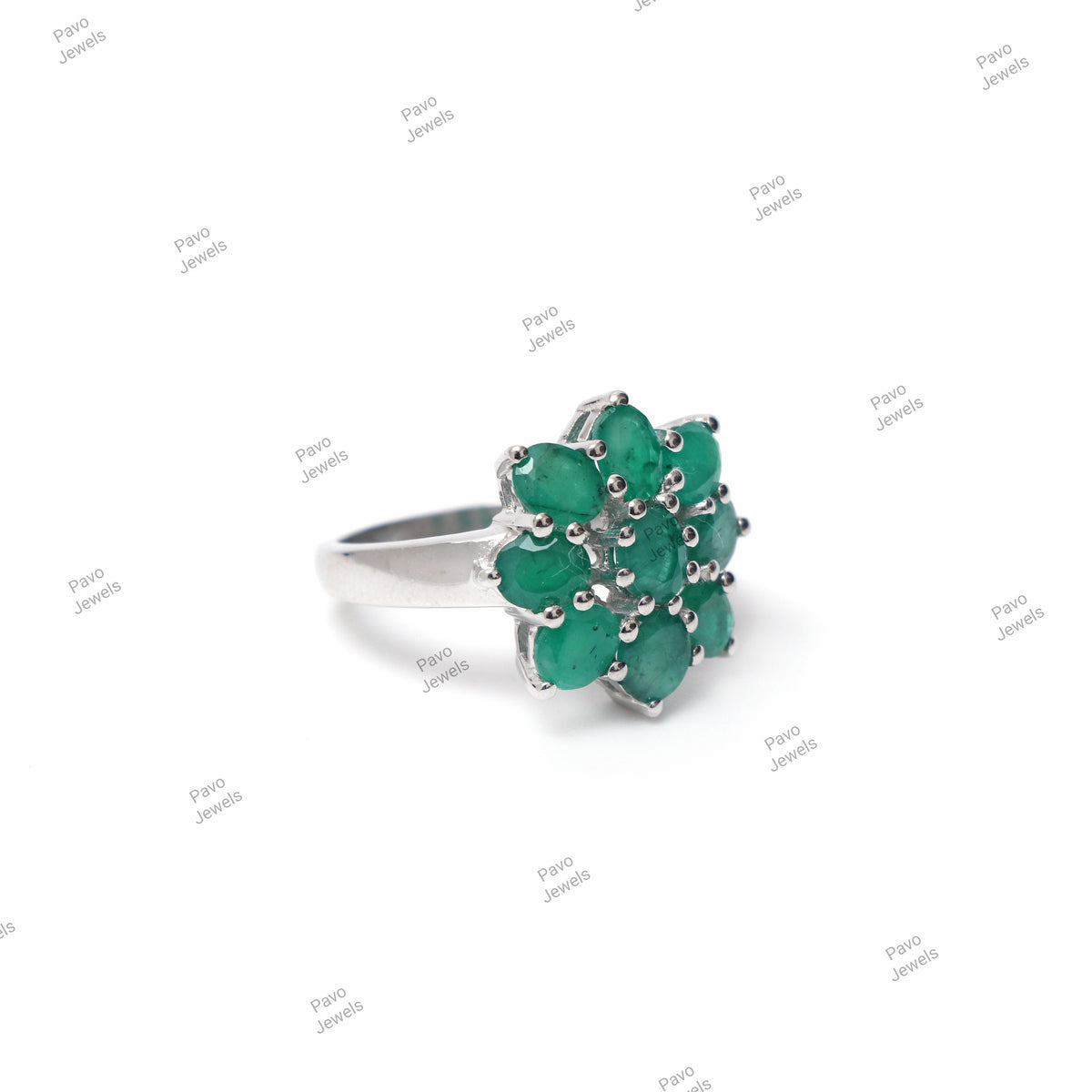 Natural Emerald Ring , 925 Sterling Silver, Green Flower Engagement , Emerald Jewelry
