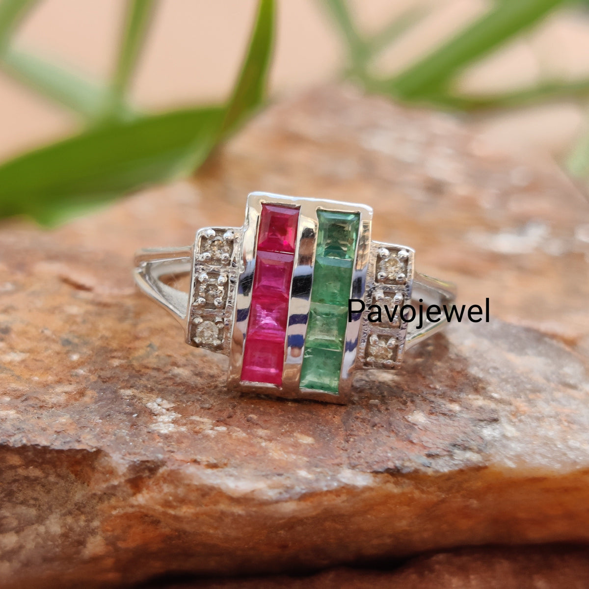 Ruby - Emerald & Diamond Sterling Silver Wedding Ring