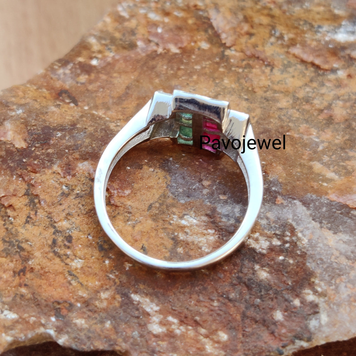 Ruby - Emerald & Diamond Sterling Silver Wedding Ring