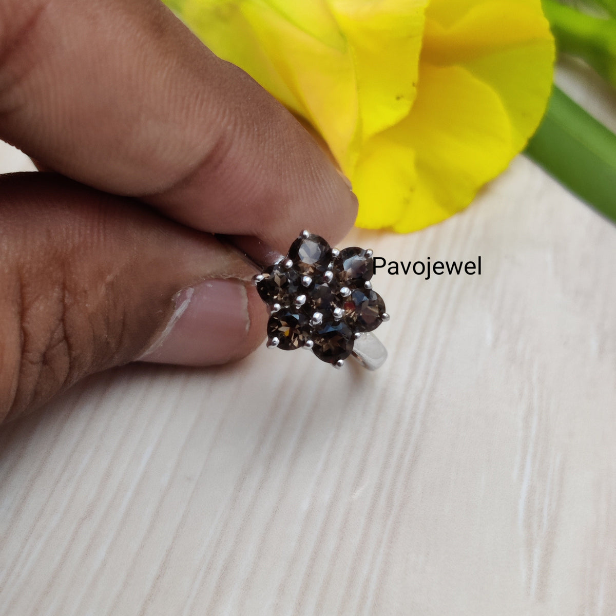 Smoky Quartz Flower Ring, Sterling Silver, November Birthstone