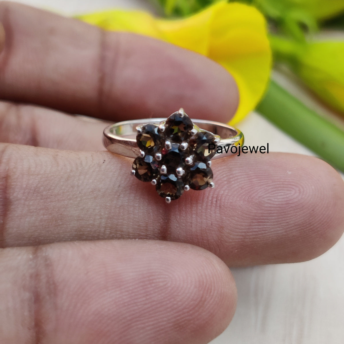 Smoky Quartz Flower Ring, Sterling Silver, November Birthstone