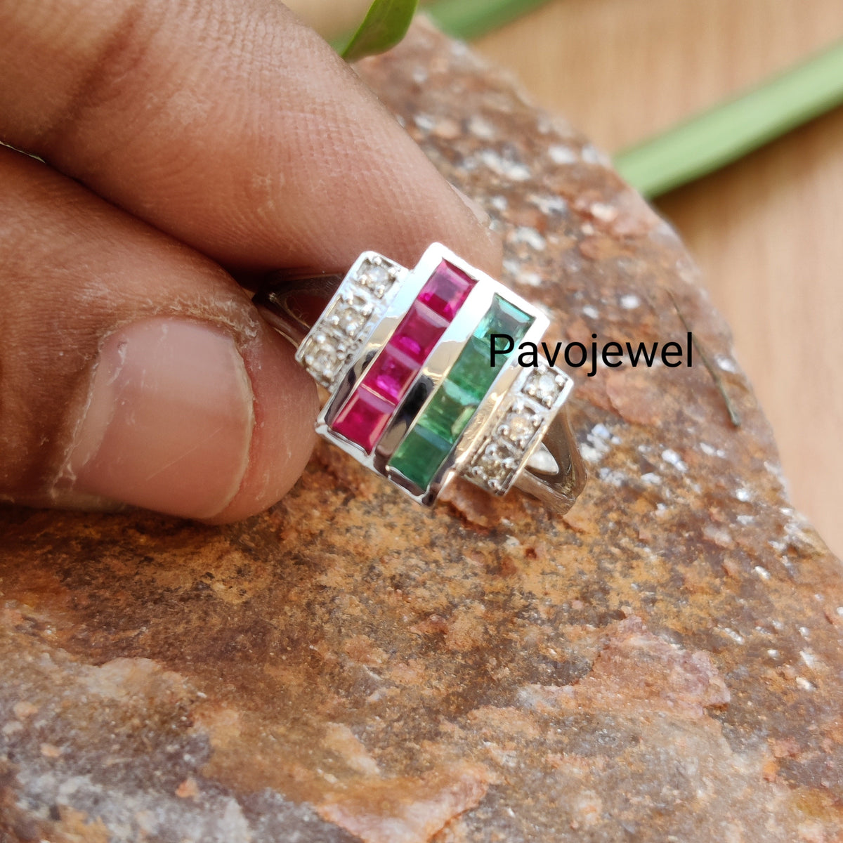 Ruby - Emerald & Diamond Sterling Silver Wedding Ring