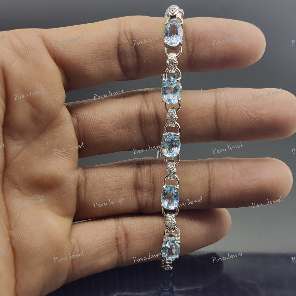 Natural Blue Topaz Gemstone Tennis Bracelet Sterling Silver Handmade Jewelry