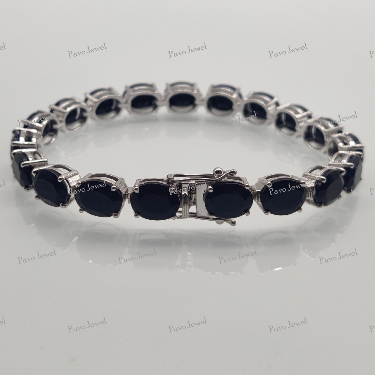 Natural Black Onyx Tennis Bracelet, Oval Cut Gemstone, Sterling Silver