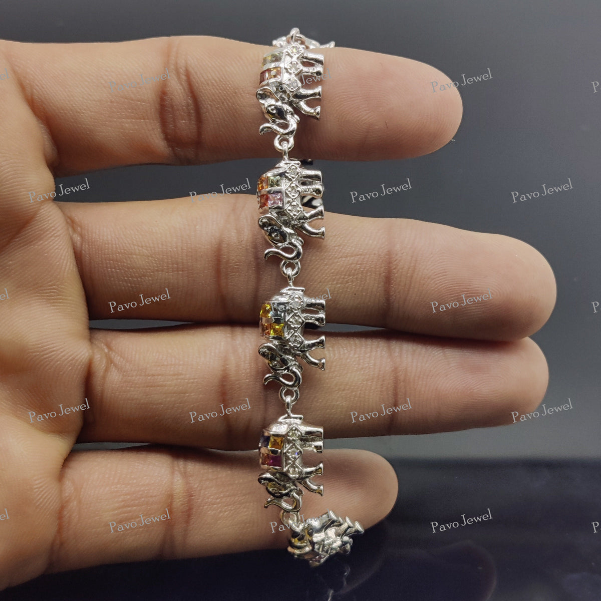 Multi Sapphire Elephant Tennis Bracelet Sterling Silver Good Luck Charm