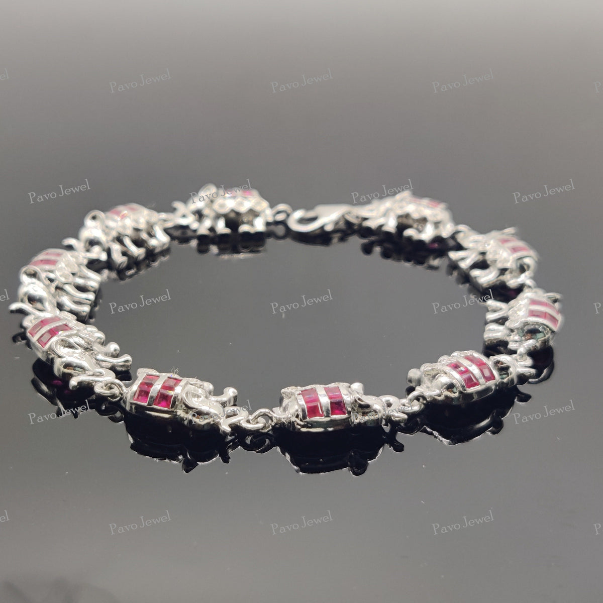 Ruby Elephant 925 Sterling Silver Bracelet, Red Gemstone