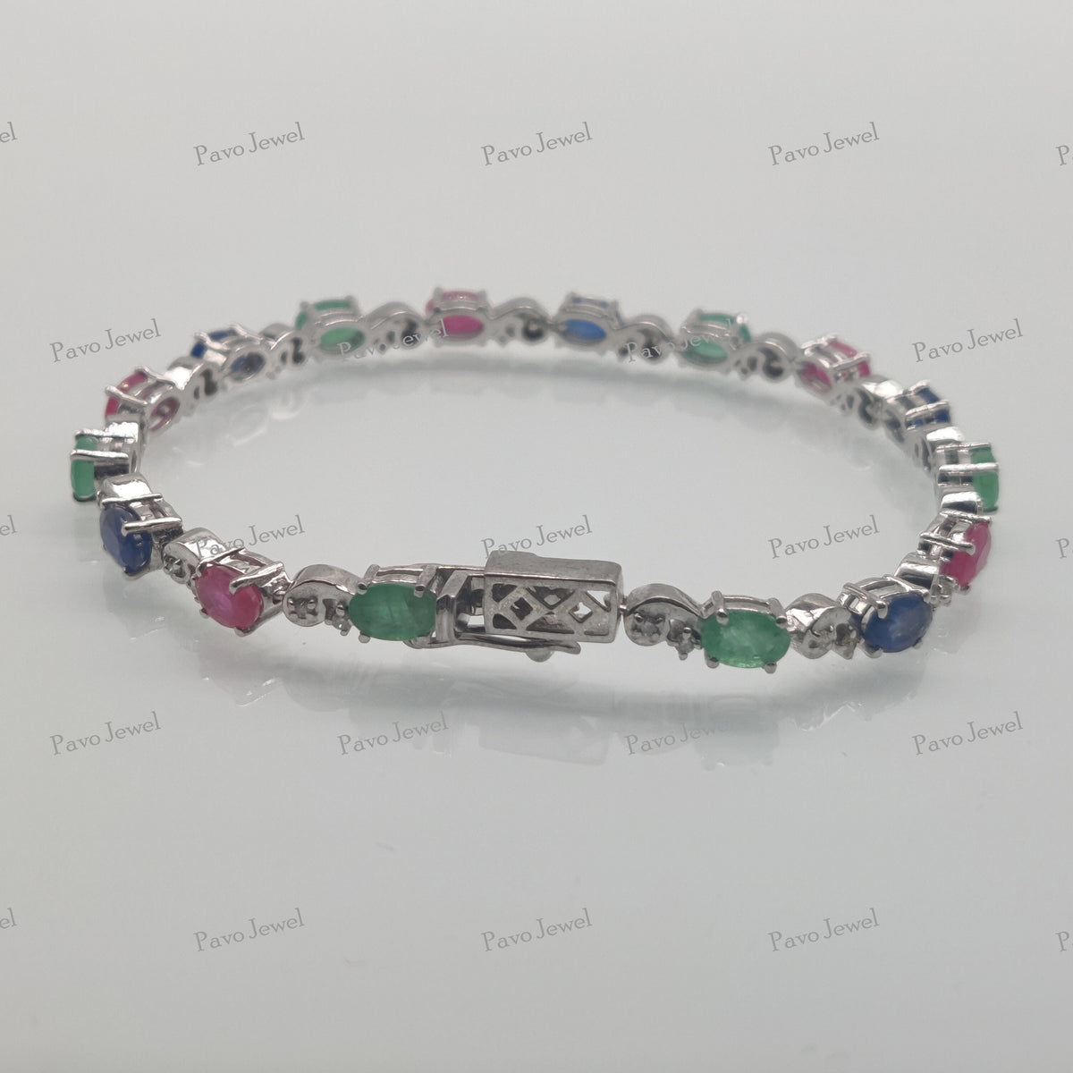 Natural Emerald Ruby Sapphire Bracelet Sterling Silver, Precious Tennis Bracelet