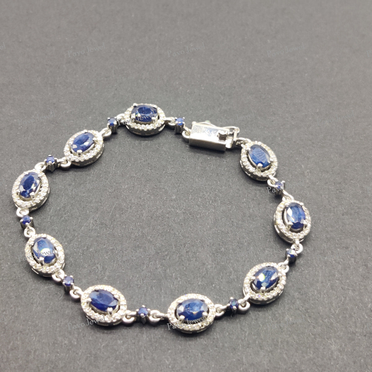 Oval Sapphire Tennis Bracelet, 925 Sterling Silver, September Birthstone, Halo Gemstone Jewelry