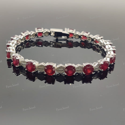 Natural Ruby Cut Round Gemstone Bracelet, 925 Sterling Silver, Ruby Bracelet, Tennis Bracelet, Birthstone Bracelet, Anniversary Gift For Her