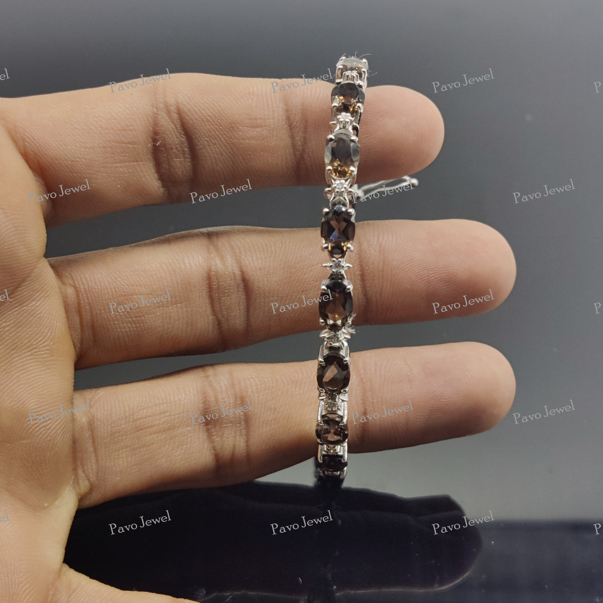 Handmade Smoky Quartz Bracelet, Dainty Oval Silver Gemstone Bracelet for Women
