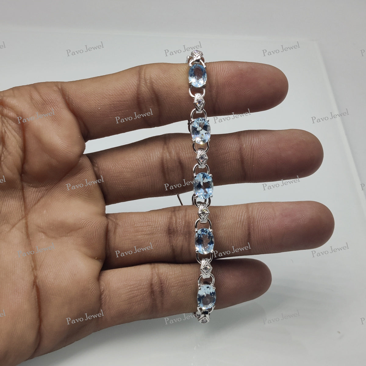 Natural Blue Topaz Gemstone Tennis Bracelet Sterling Silver Handmade Jewelry