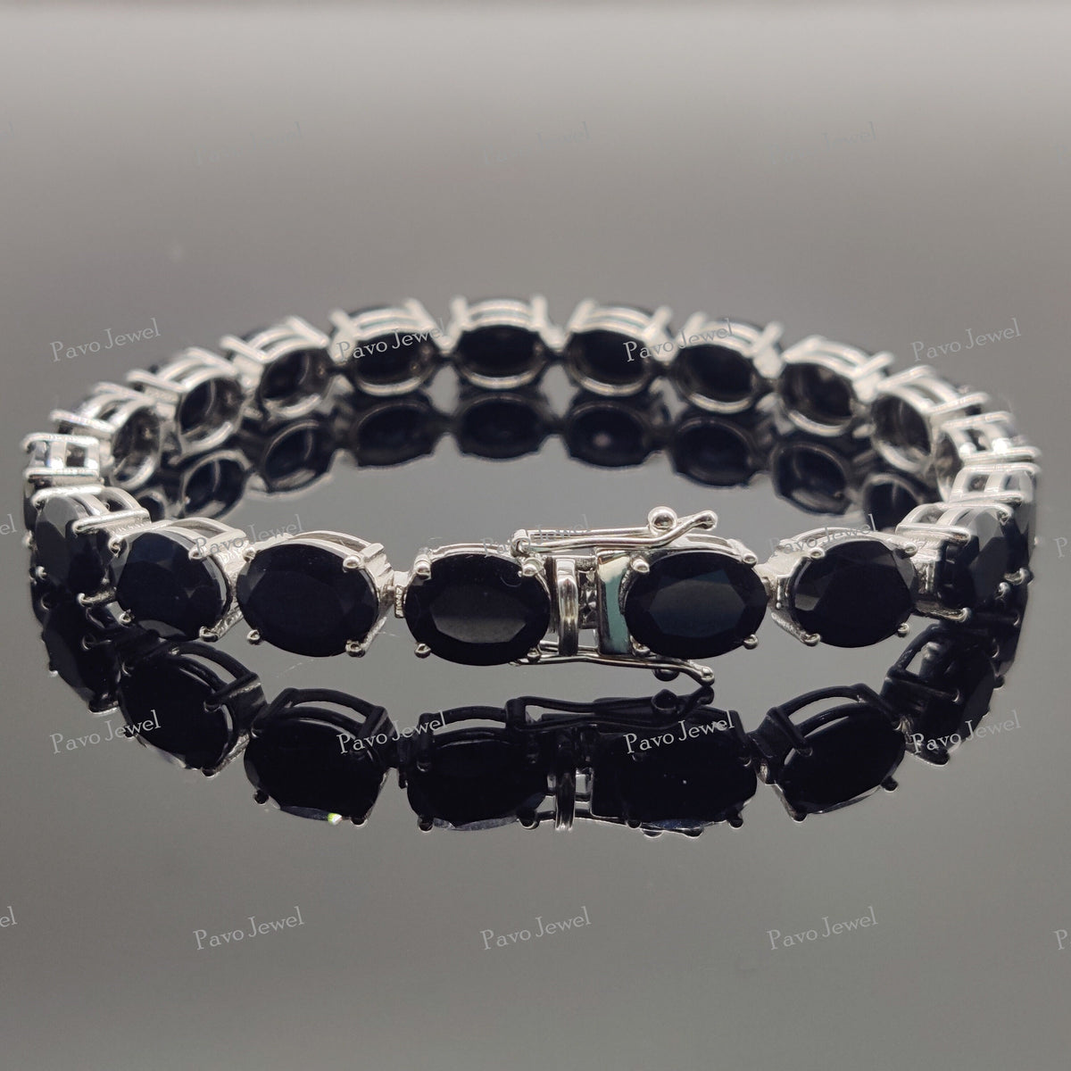 Natural Black Onyx Tennis Bracelet, Oval Cut Gemstone, Sterling Silver