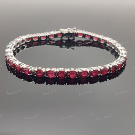 Ruby Tennis Bracelet, Ruby Gemstone Jewelry, Sterling Silver, Handmade Oval Cut, Charm Bracelets