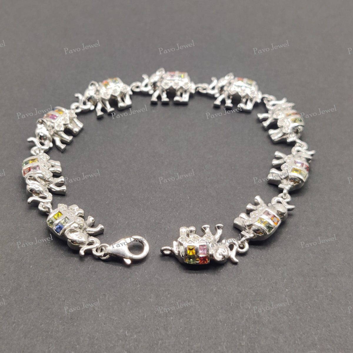 Multi Sapphire Elephant Tennis Bracelet Sterling Silver Good Luck Charm