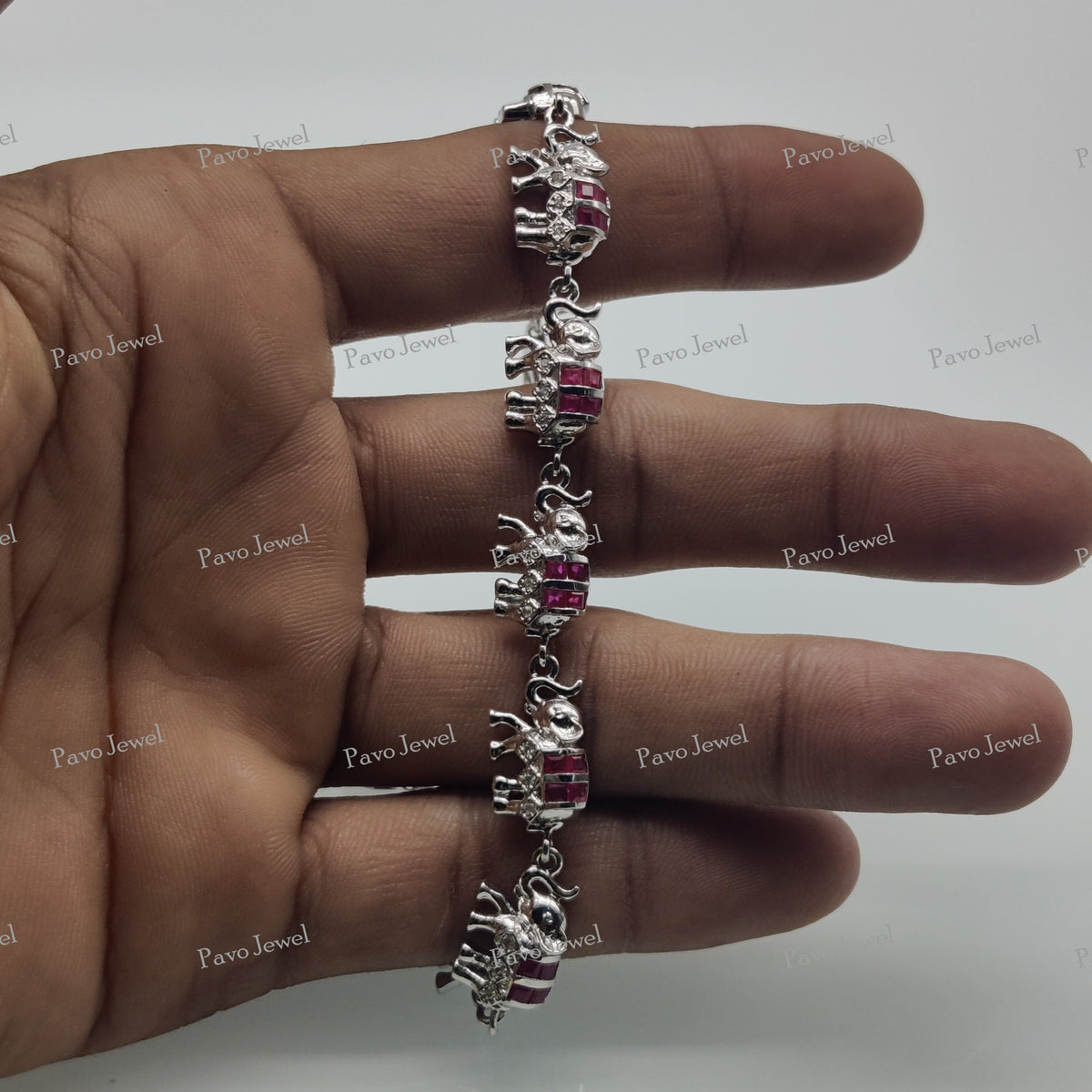 Ruby Elephant 925 Sterling Silver Bracelet, Red Gemstone