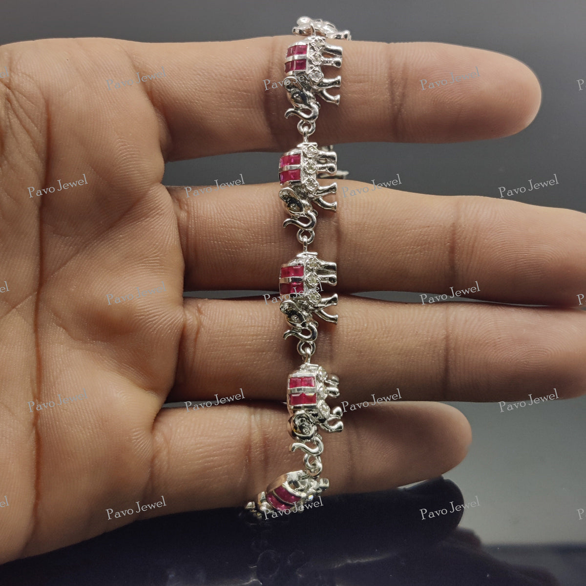 Ruby Elephant 925 Sterling Silver Bracelet, Red Gemstone