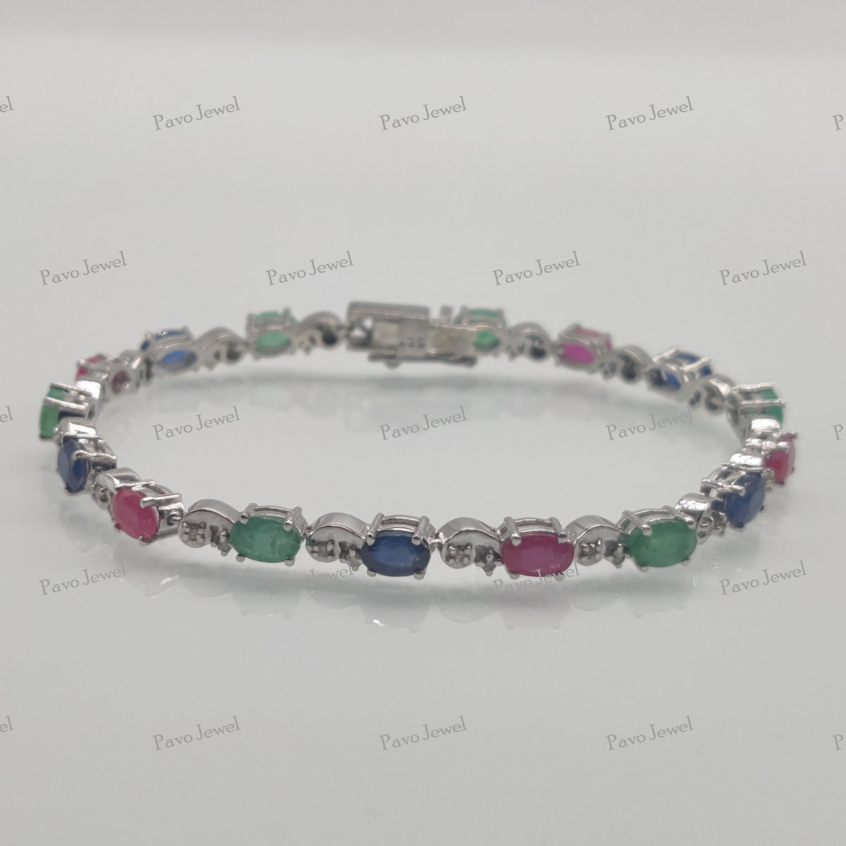 Natural Emerald Ruby Sapphire Bracelet Sterling Silver, Precious Tennis Bracelet
