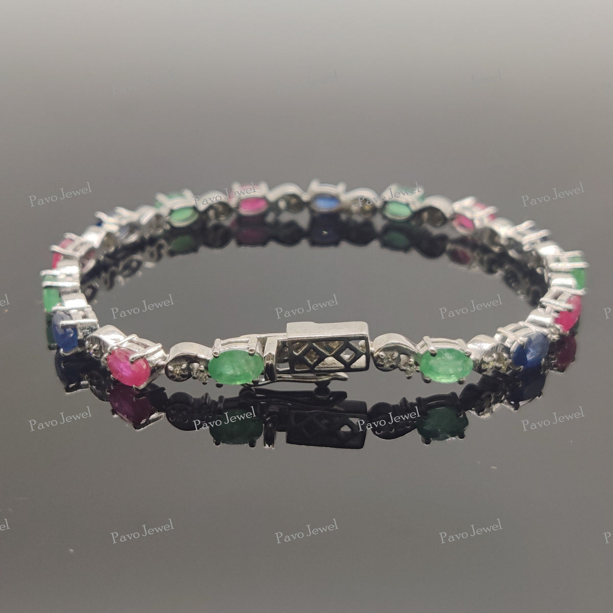 Natural Emerald Ruby Sapphire Bracelet Sterling Silver, Precious Tennis Bracelet