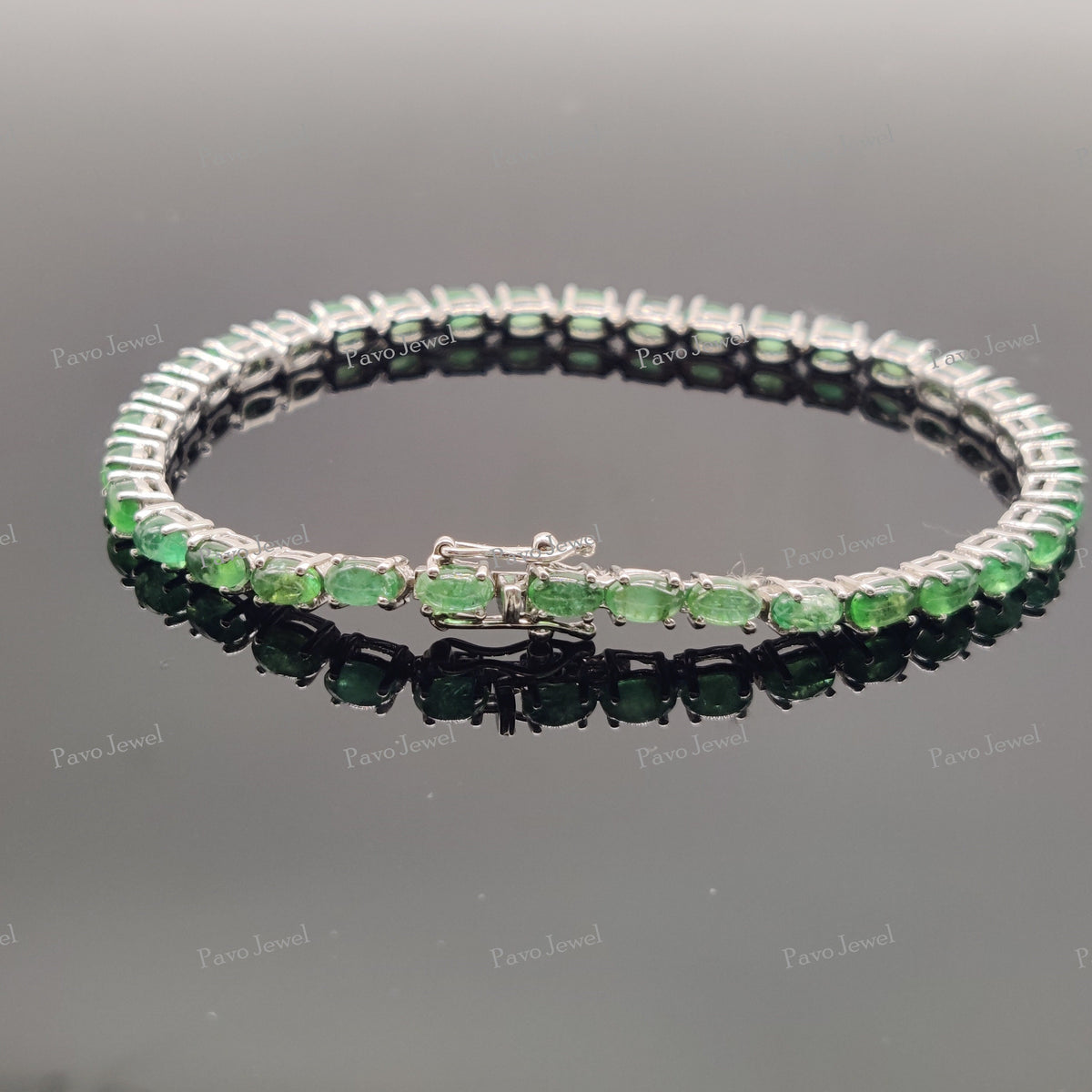 Handmade Sterling Silver Emerald Bracelet, Smooth Gemstone Tennis Bangle Jewelry