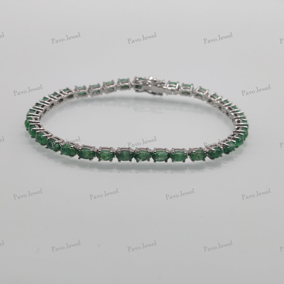 Handmade Sterling Silver Emerald Bracelet, Smooth Gemstone Tennis Bangle Jewelry