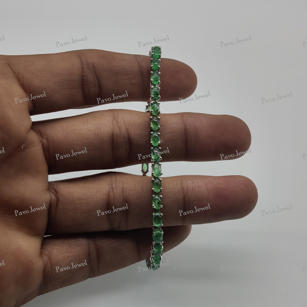 Handmade Sterling Silver Emerald Bracelet, Smooth Gemstone Tennis Bangle Jewelry