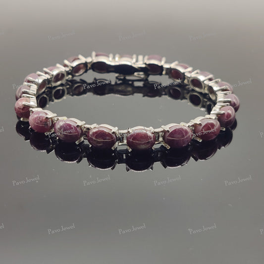 Natural Ruby Star Cabochon Bracelet, 925 Silver Jewelry, Women Bracelets