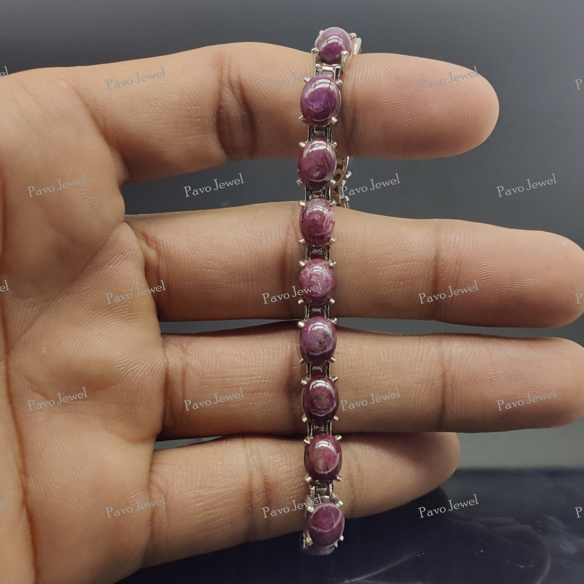 Natural Ruby Star Cabochon Bracelet, 925 Silver Jewelry, Women Bracelets