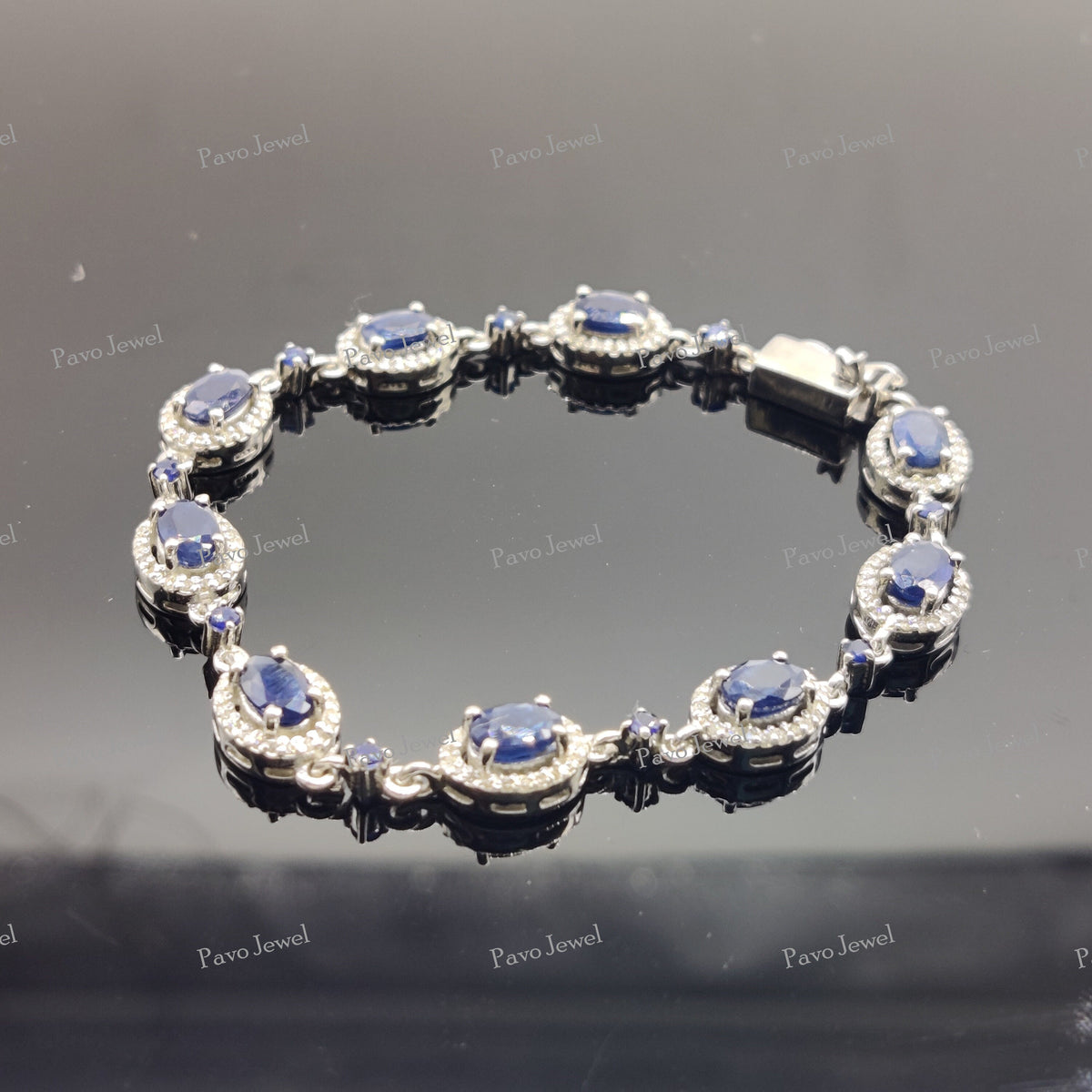 Oval Sapphire Tennis Bracelet, 925 Sterling Silver, September Birthstone, Halo Gemstone Jewelry