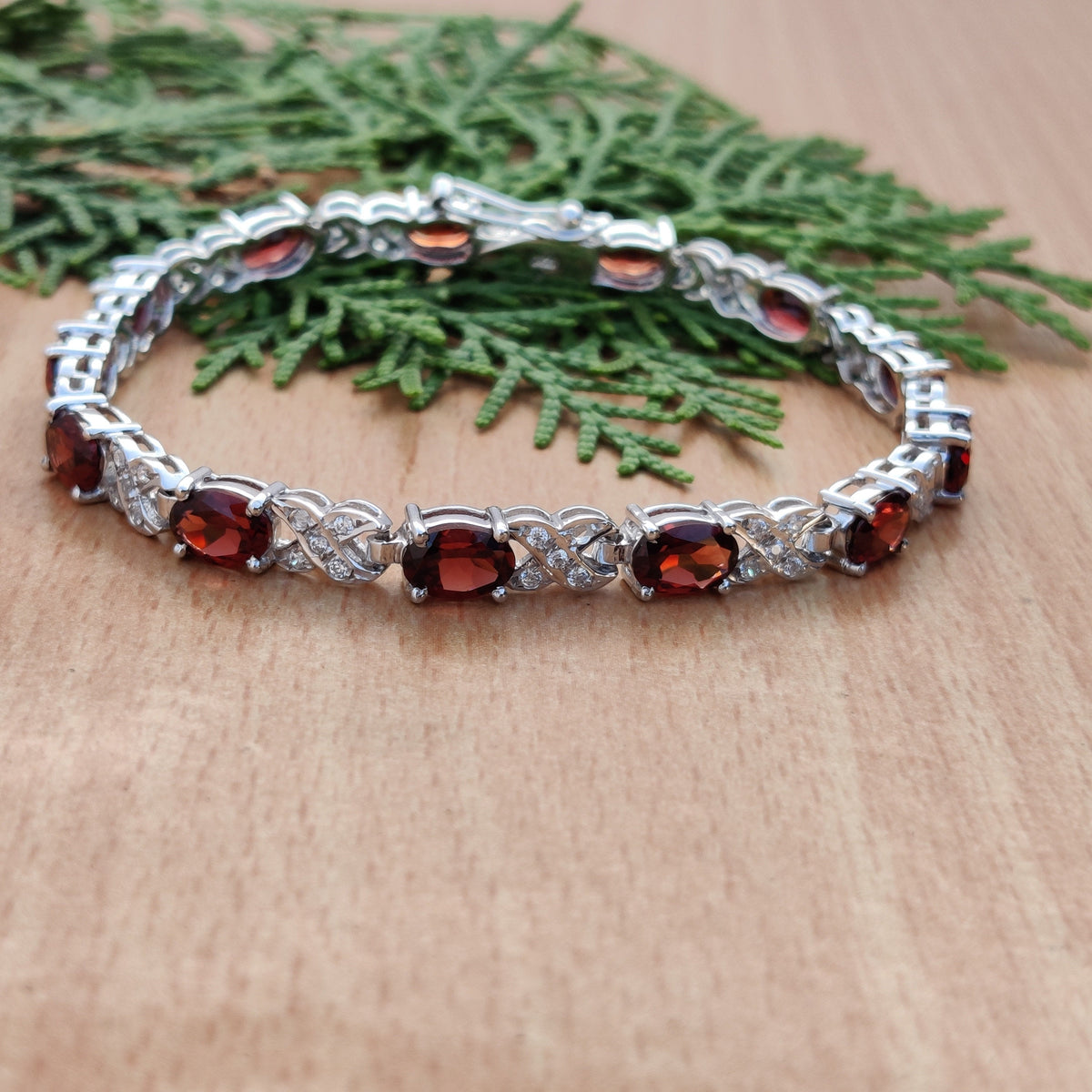 Red Garnet 925 Sterling Silver Tennis Bracelet, Oval Gemstone