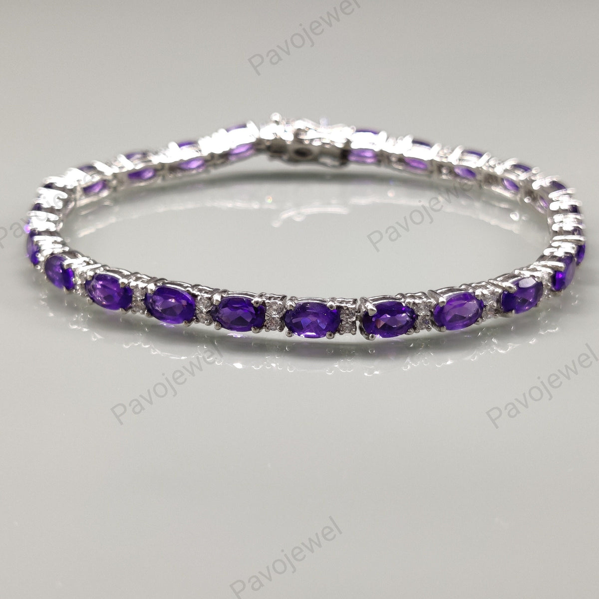 Amethyst Tennis Bracelet: Sterling Silver Handmade Jewelry, Oval Purple Gemstone, Birthstone Gift For Her