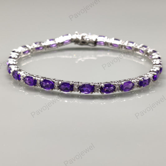 Amethyst Tennis Bracelet: Sterling Silver Handmade Jewelry, Oval Purple Gemstone, Birthstone Gift For Her
