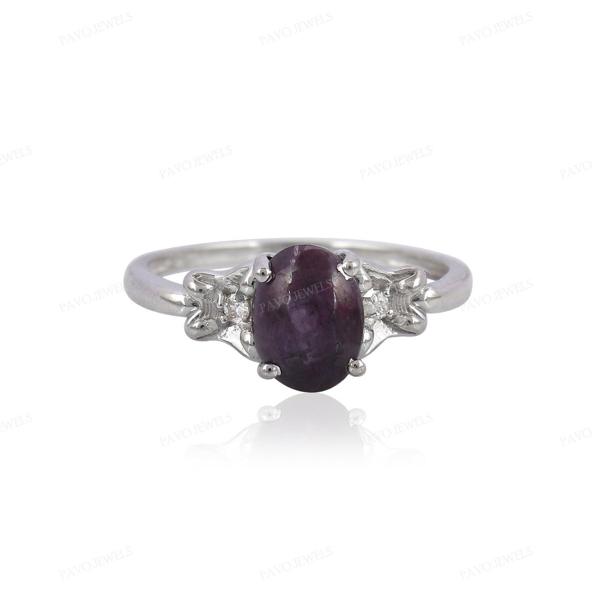 Ruby Star & Diamond Ring: Sterling Silver Oval Stackable Ring