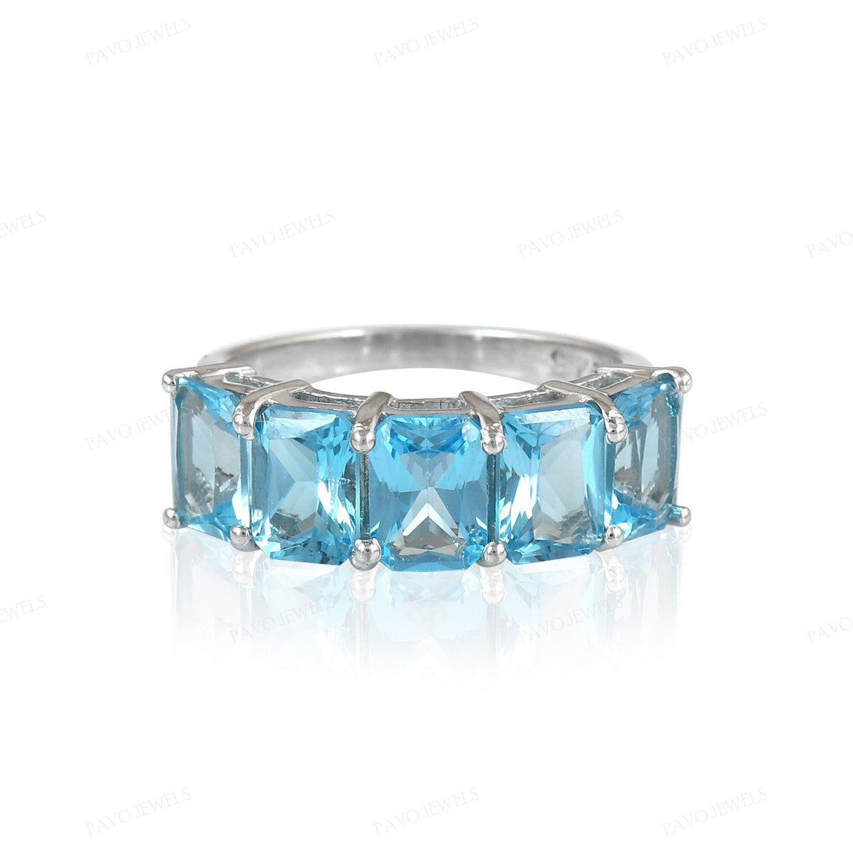 Natural Swiss Blue Topaz Emerald Cut Ring, 925 Sterling Silver Half Eternity Band